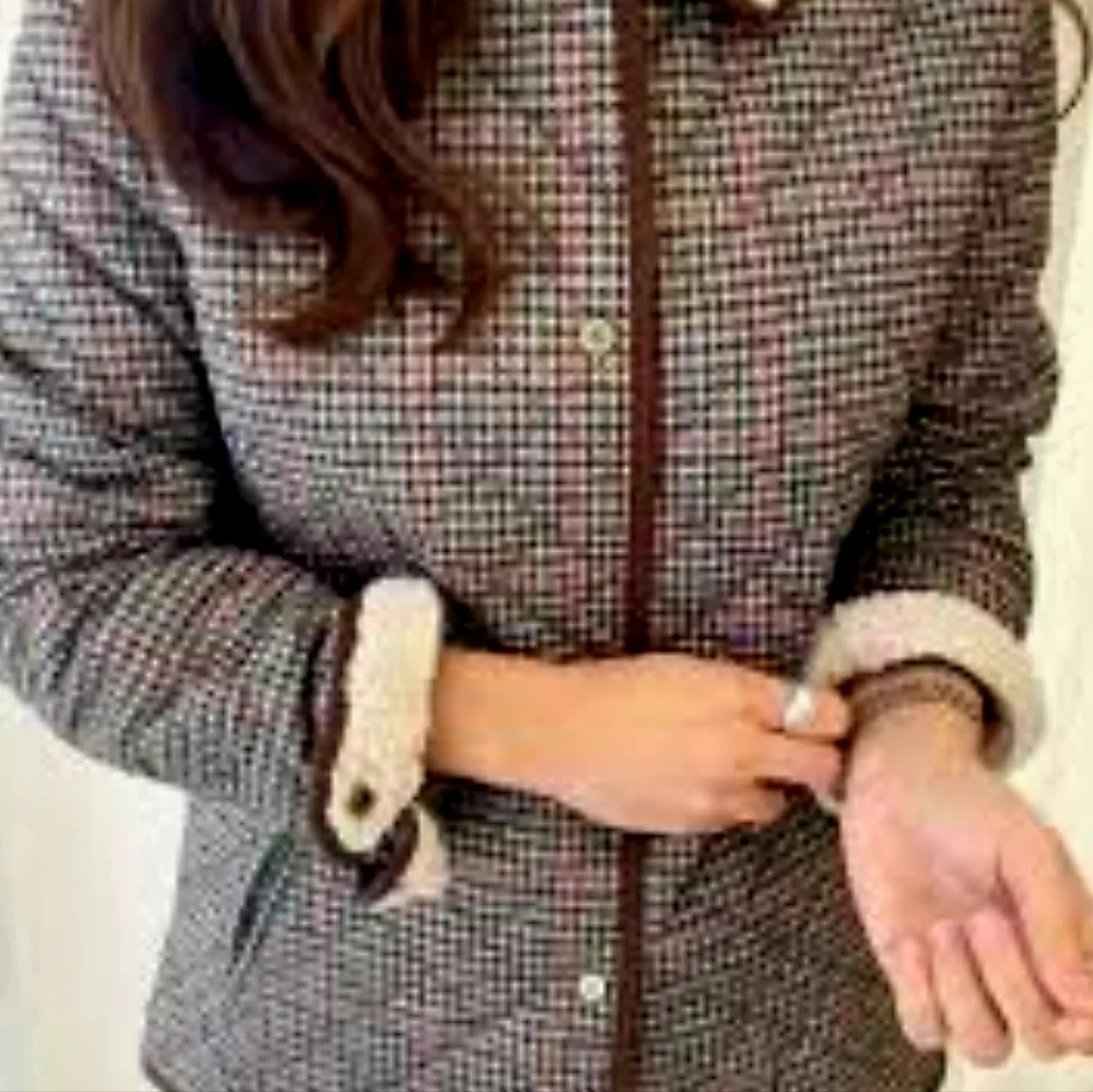 Lauren Ralph Lauren Multicolor Houndstooth Quilted Coat Corduroy Trim XL